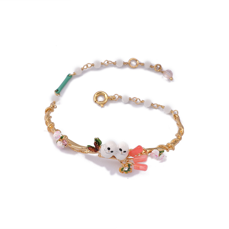 Enamel Glazed Owl Maple Zircon Gold Plated  Adjustable Bracelet