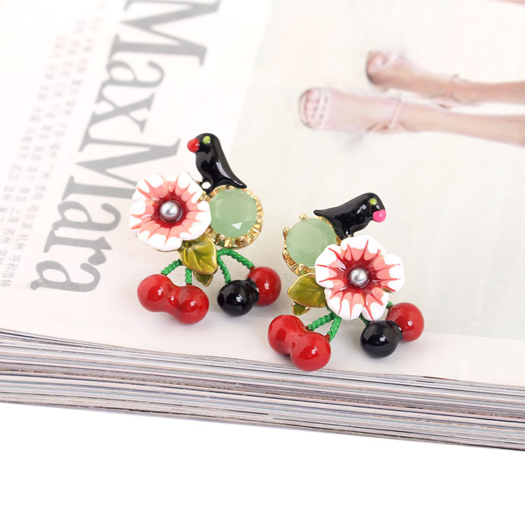 Bird Cherry Gem Enamel Earrings Jewelry Stud Earrings