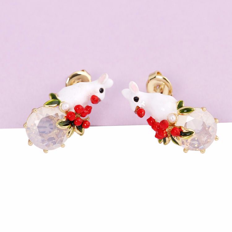 Enamel Glazed Rose White Snow Series Bunny Flower Gemstones Gold Plated 925 Silver Needle