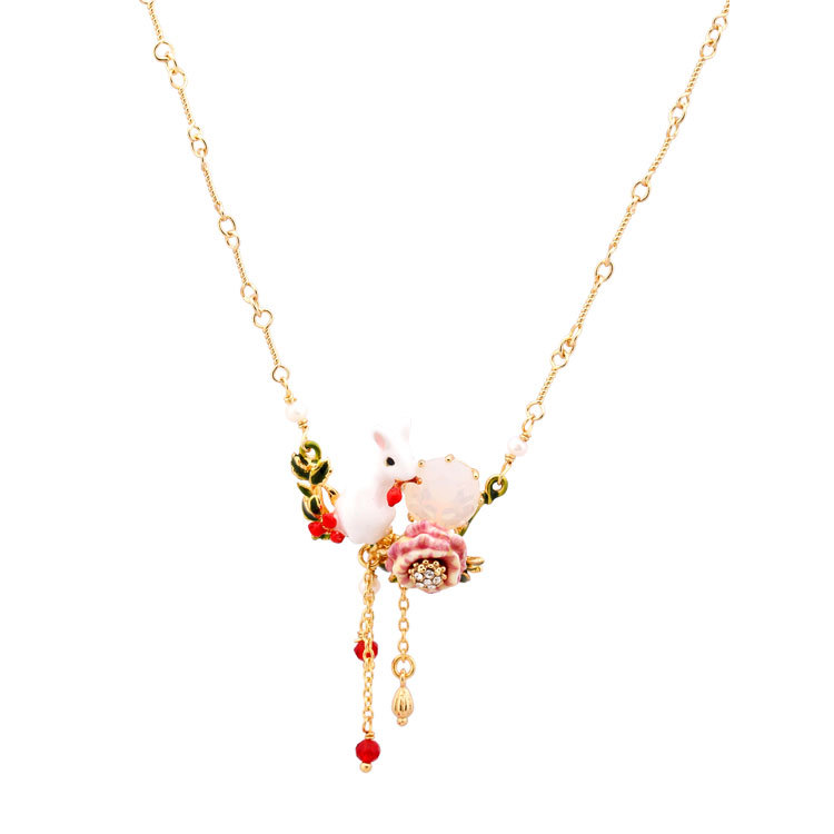 Enamel Rabbit Rose In Mouth Red Fruit Necklace Jewelry