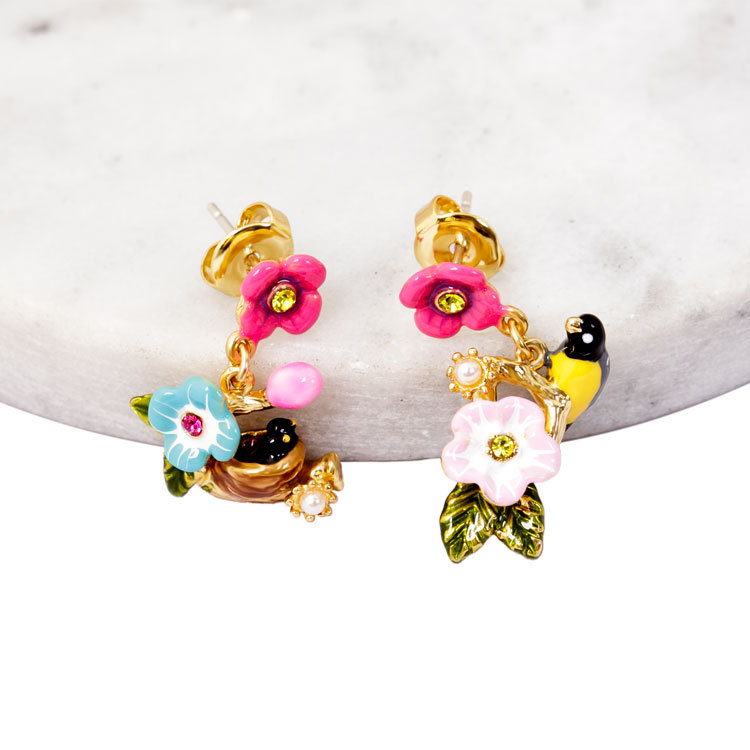 Bird Pink Blue Flower Asymmetry Enamel Earrings Jewelry Stud Earrings