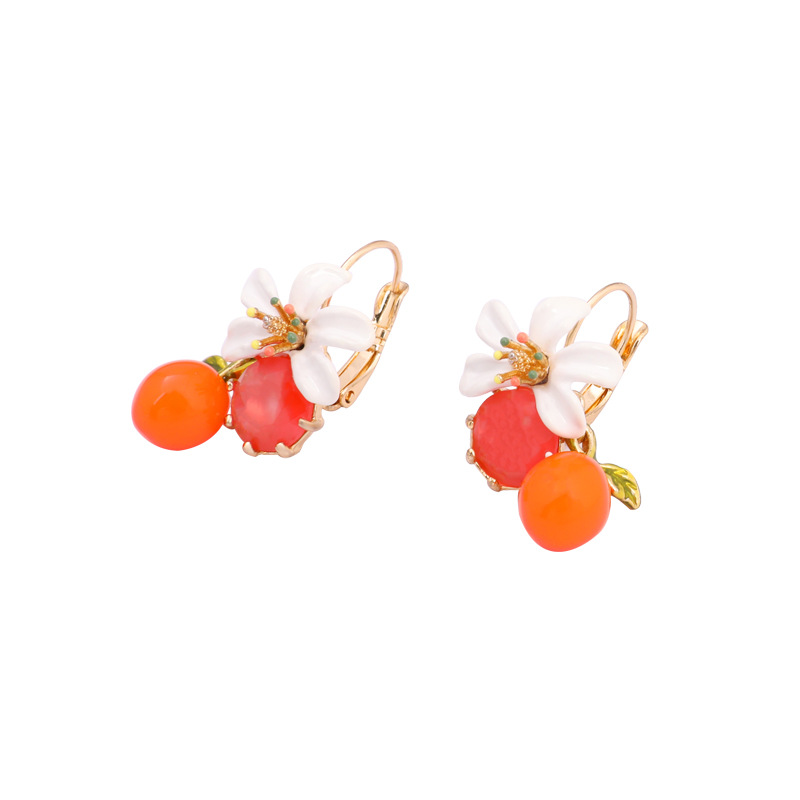 Flower Orange 925 Silver Enamel Jewelry Stud Clip Hook Earrings