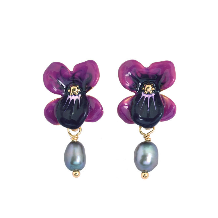 Flower Pearl Pendant Enamel Earrings Jewelry Stud Clip Hook Earrings