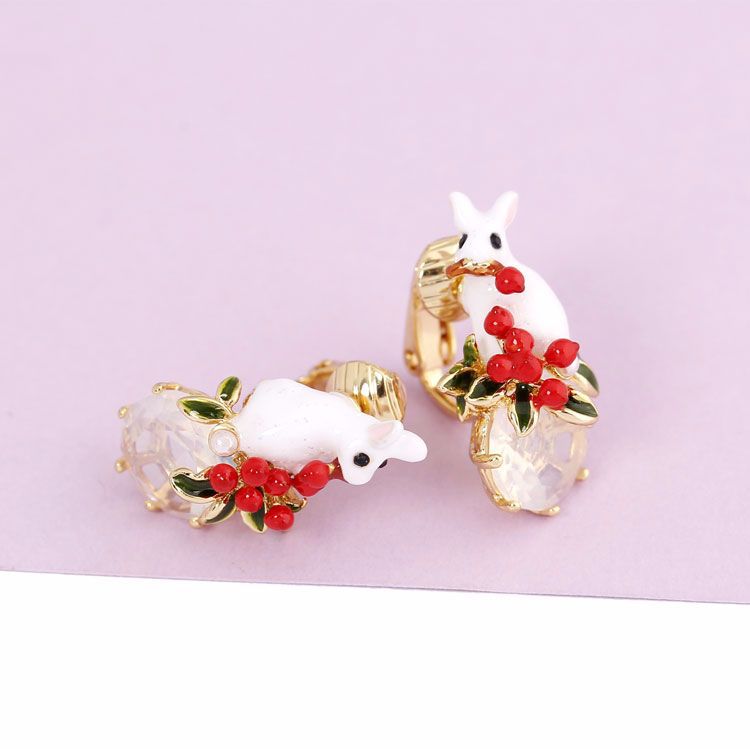 Rabbit Bunny And Stone Enamel Earrings