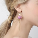 Pink Purple Flower Natural Pearl Tassel Enamel Hook Earrings