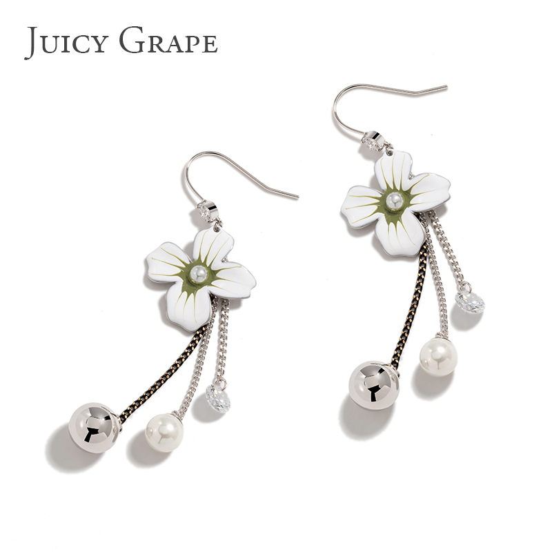 Enamel Glazed Daisy Flower Natural Pearl Tassel Hook Earrings