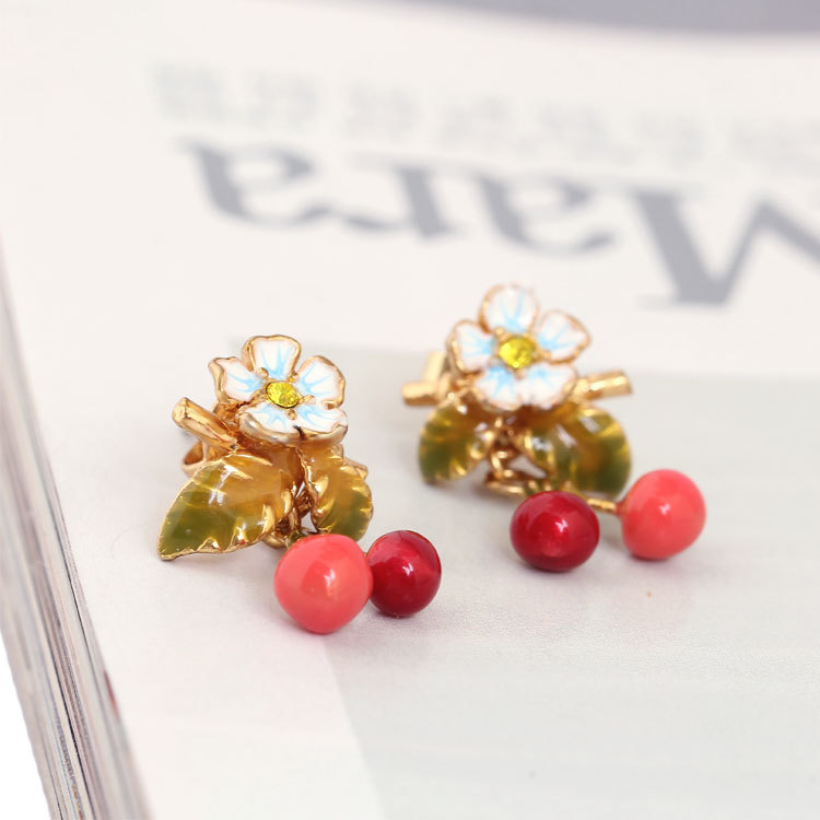 Floret Cherry Enamel Earrings Jewelry Stud Earrings