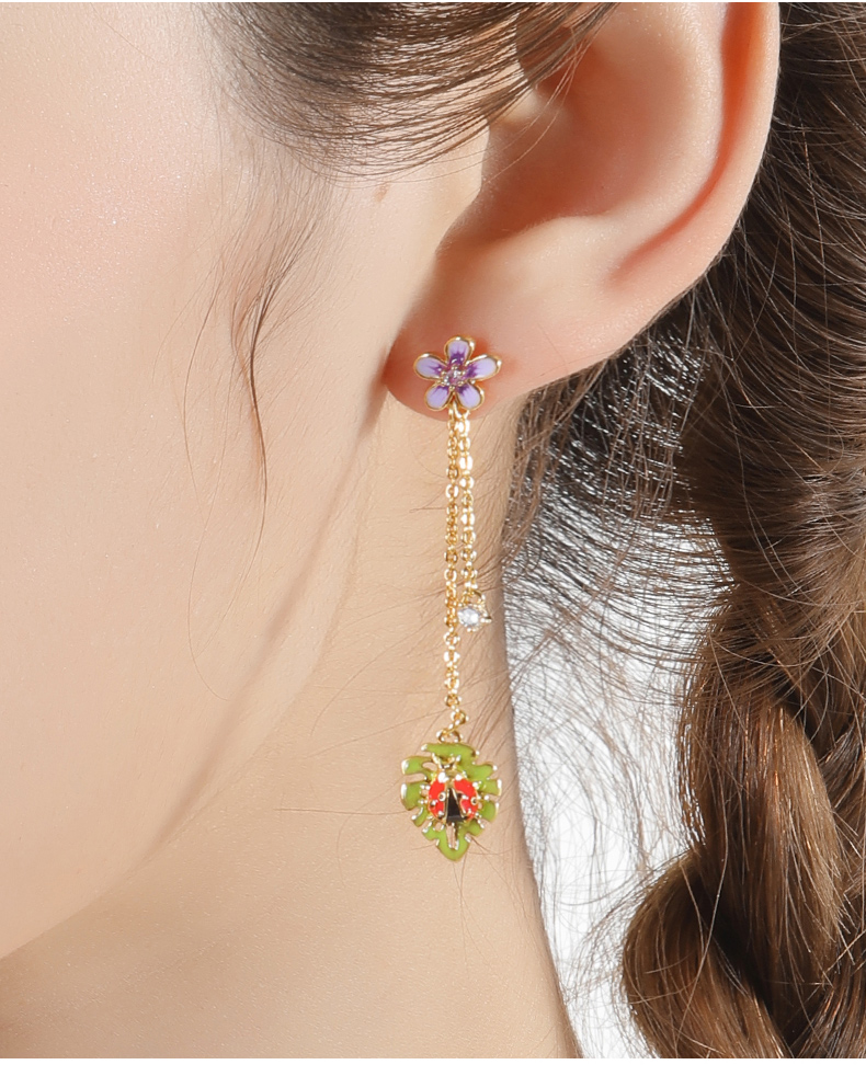 Enamel Glazed Daisy Flower Ladybug Tassel Inlaid Zircon Earrings 925 Silver Needle