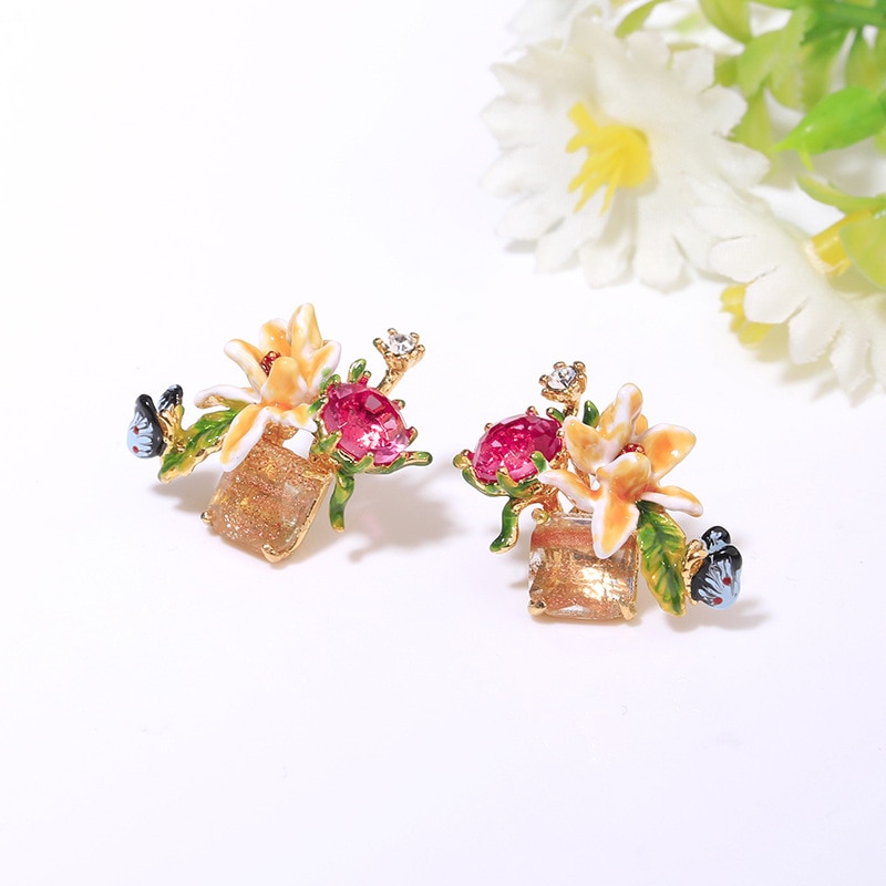 Flower Group Enamel Earrings Jewelry Stud Clip Earrings