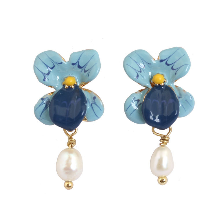 Flower Pearl Pendant Enamel Earrings Jewelry Stud Clip Hook Earrings