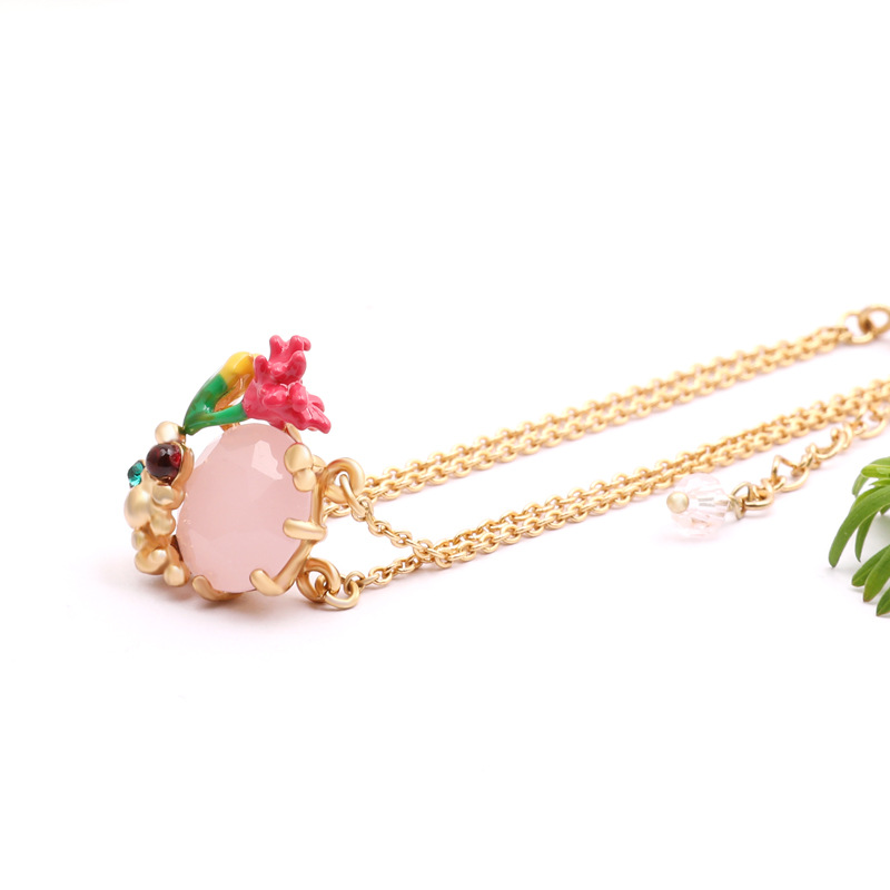 Flower Pink Gem Pendant Gold Plated Jewelry Enamel Bracelet