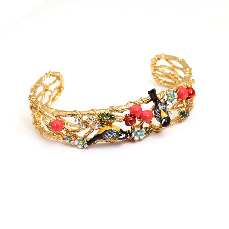 Oriole Bird And Cherry Flower Blossom Enamel Bangle Bracelet