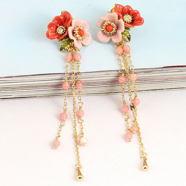 Peony Flower and Tassel Enamel Earrings