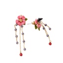 Pink Butterfly Flower Asymmetrical Tassel Enamel Earrings