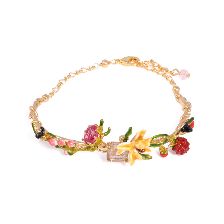 Flower And Pink Gem Enamel Thin Bracelet