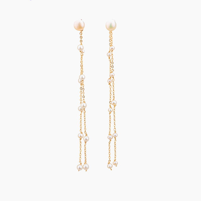 Freshwater Pearl Long Tassel Bridesmaid Wedding Stud Earrings