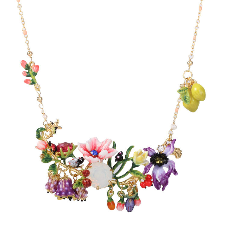 Purple Pink Flower On A Branch Cute Lemon And Stone Enamel Necklace