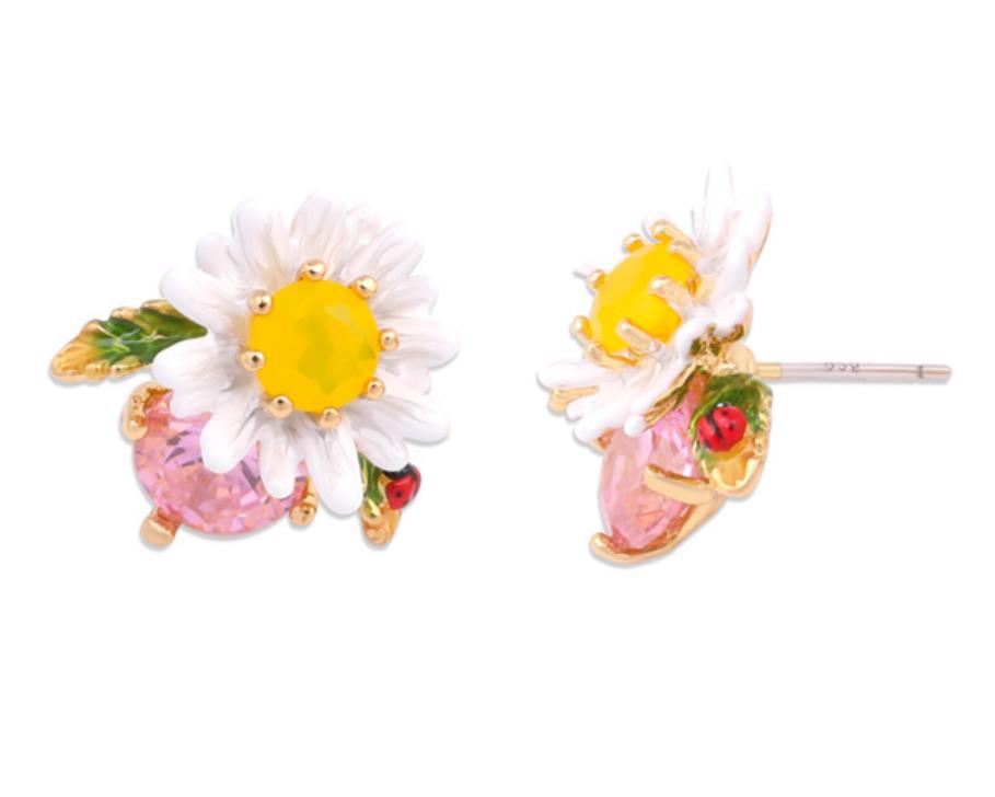 Daisy On Faceted Crystal Enamel Earrings