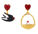 Swallow And Nest Crystal Asymmetrical Enamel Earrings