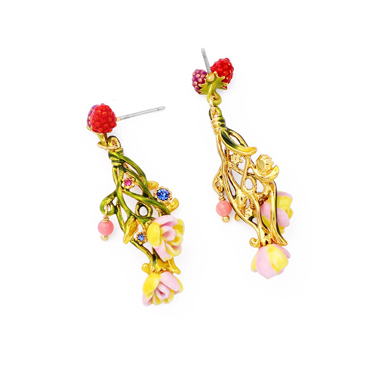 Pink Flower Red Raspberry And Crystal Enamel Dangle Earrings Jewelry Gift