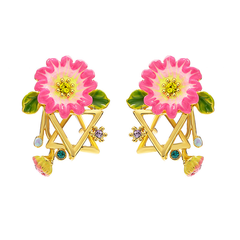 Pink Flower And Crystal Enamel Earrings