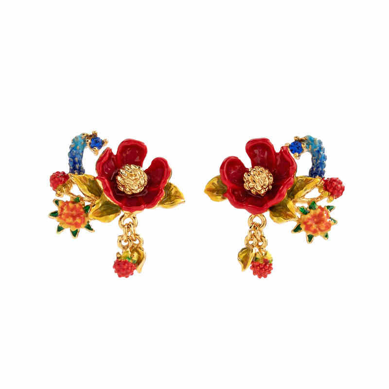 Peony Red Flower And Crystal Enamel Stud Earrings