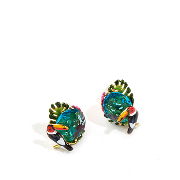 Toucan Bird And Crystal Enamel Stud Earrings