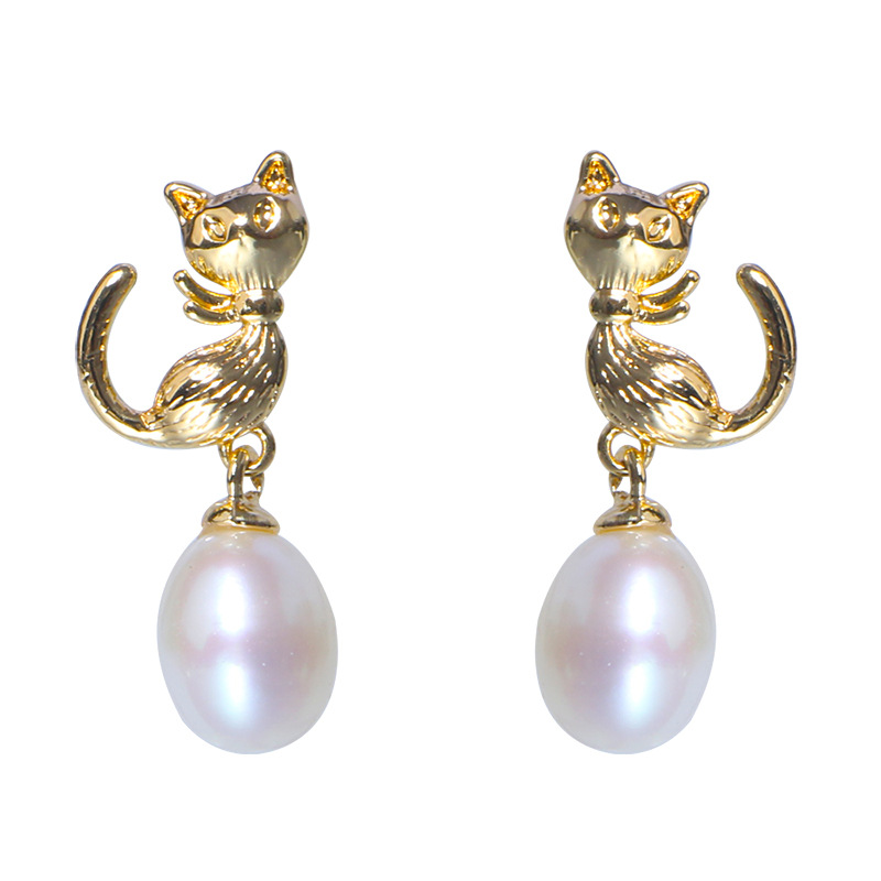 Freshwater Pearl Cat Kitty Kitten Earrings