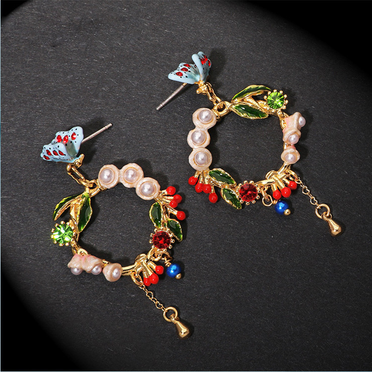 Butterfly And Pearl Tassel Enamel Stud Earrings