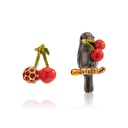 Cute Magpie Bird With Cherry Asymmetrical Enamel Stud Earrings