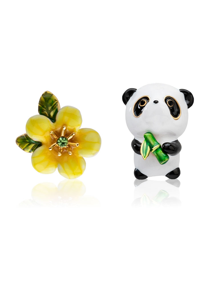 Cute Panda With Bamboo And Flower Enamel Stud Earrings