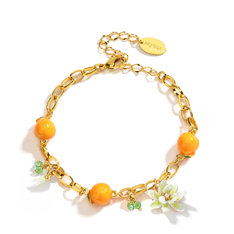 Gardenia Flower And Orange Citrus Enamel Charm Bracelet