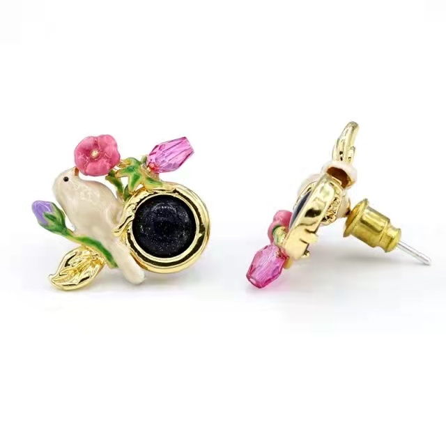 Canary Bird Pink Flower And Black Stone Enamel Earrings