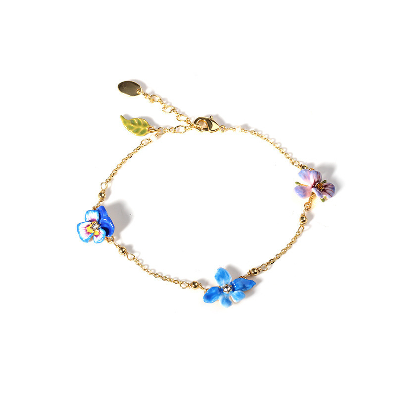 Pansy Flower Blue And Crystal Enamel Charm Bracelet