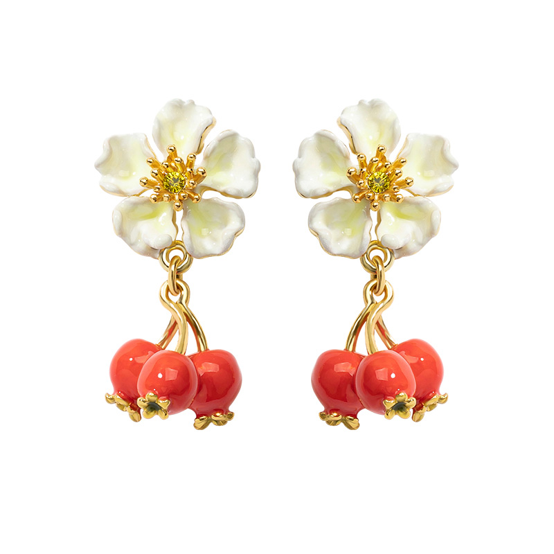 Red Fruit Hawthorn And White Flower Enamel Stud Earrings Jewelry Gift