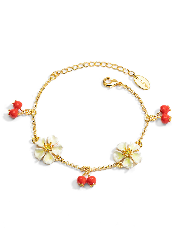 Red Fruit Hawthorn And White Flower Enamel Charm Bracelet Jewelry Gift