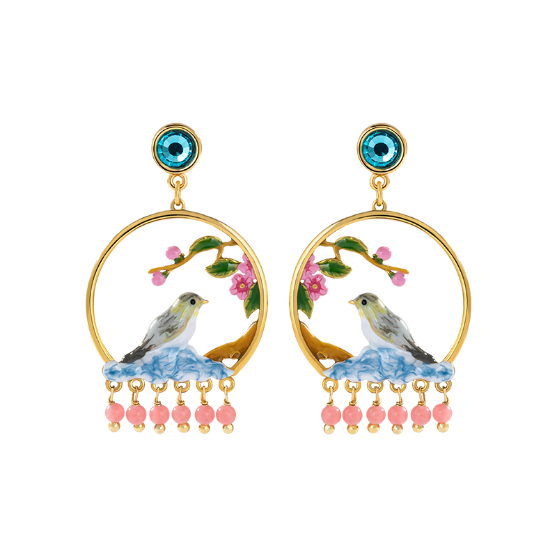 Bird Flower Branch And Bead Crystal Enamel Dangle Stud Earrings