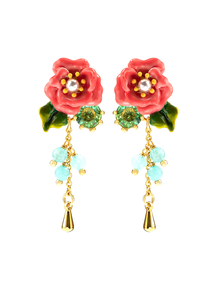 Pink Camellia Flower With Crystal Bead Tassel Enamel Stud Earrings