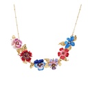 Pansy Red Blue Pink Purple Flower And Crystal Golden Leaf Enamel Necklace