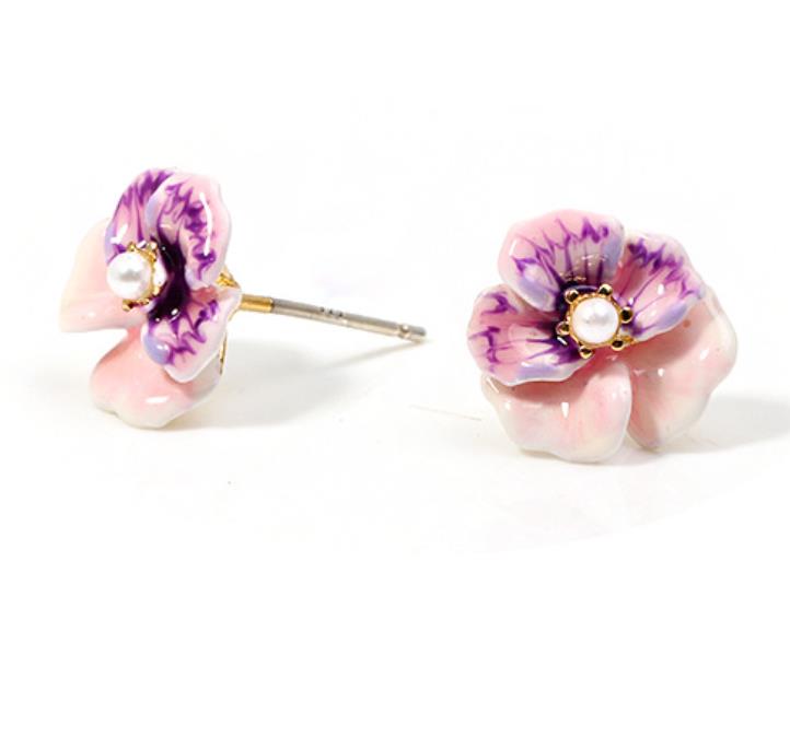 Pansy Pink Purple Flower And Pearl Enamel Earrings