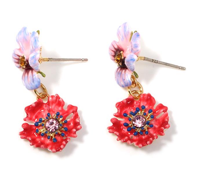 Pansy Red White Flower And Crystal Enamel Dangle Earrings