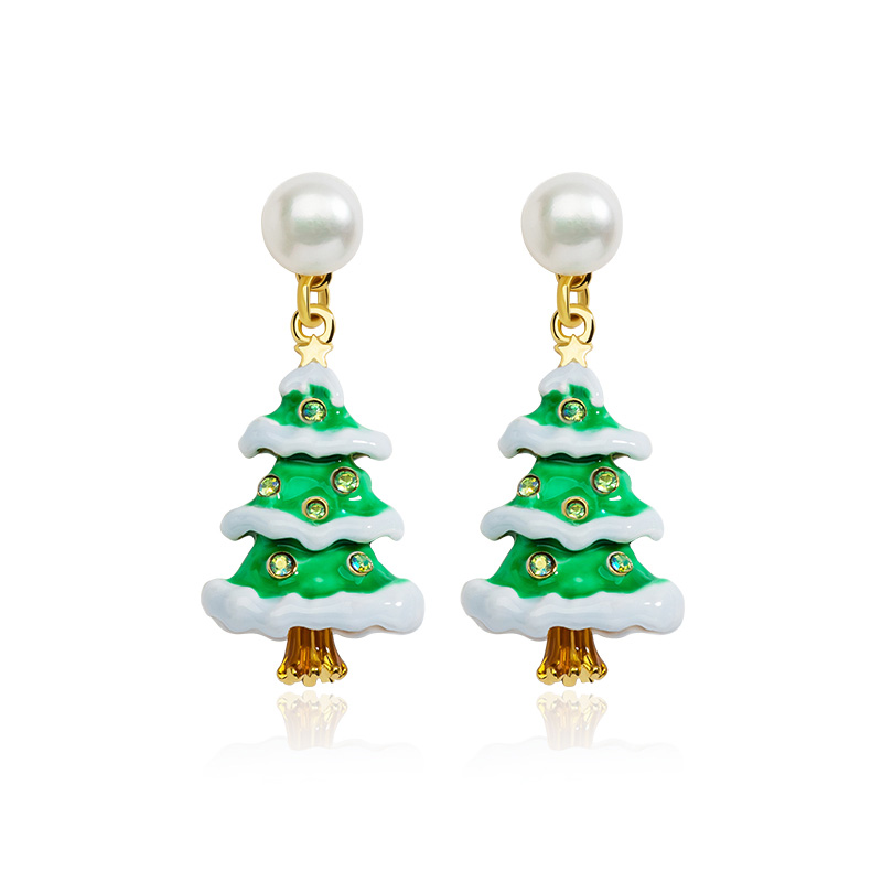 Snow On Christmas Tree And Crystal Eaneml Stud Earrings