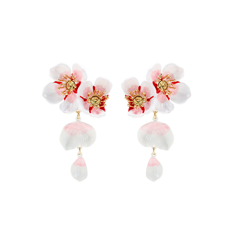 White Cherry Blossom Flower Petals Enamel Dangle Earrings