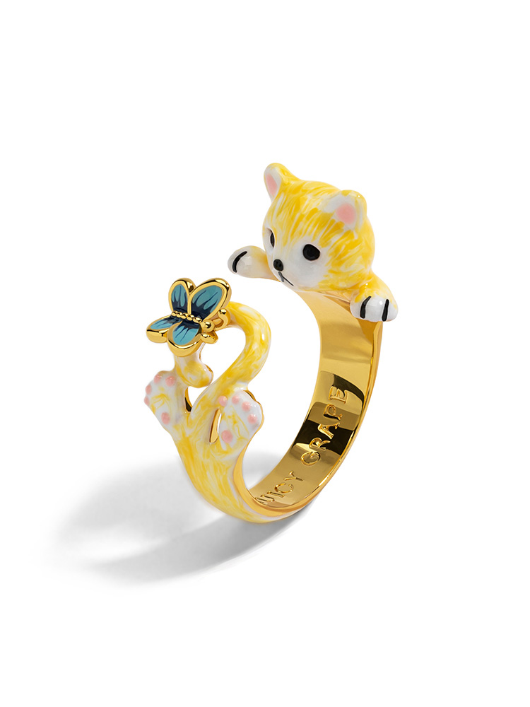 Cat Cute Yellow Kitty Kitten And Butterfly Enamel Adjustable Ring