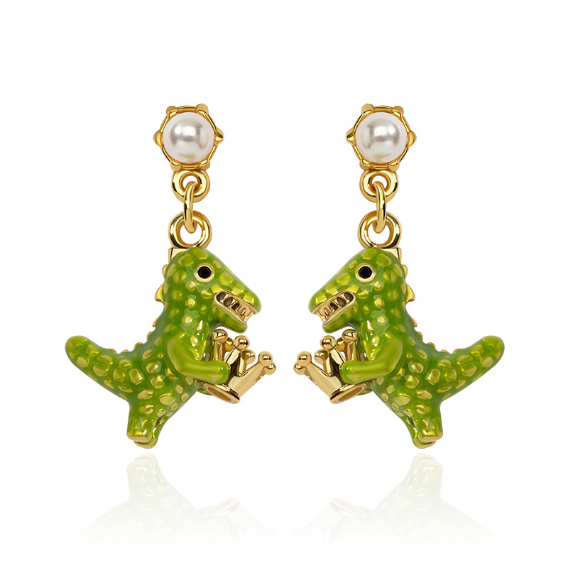 Dinosaur Green Cute Animal With Crown And Pearl Enamel Dangle Earrings