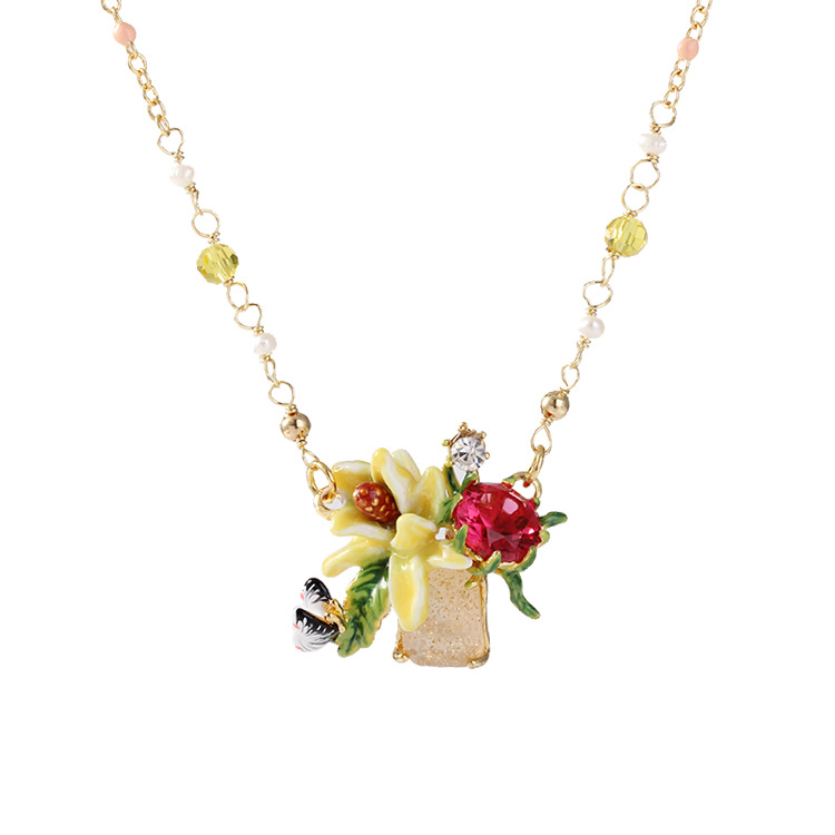 Butterfly On Yellow Lily Flower And Stone Enamel Pendant Necklace