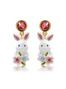 Cute Rabbit Bunny Flower And Crystal Enamel Dangle Earrings Jewelry Gift