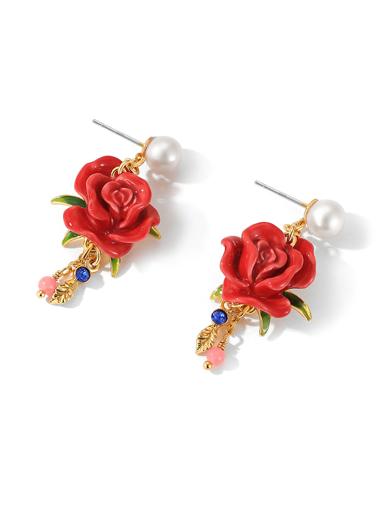 Red Rose Flower And Pearl Enamel Dangle Earrings Jewelry Gift