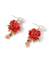 Red Rose Flower And Pearl Enamel Dangle Earrings Jewelry Gift