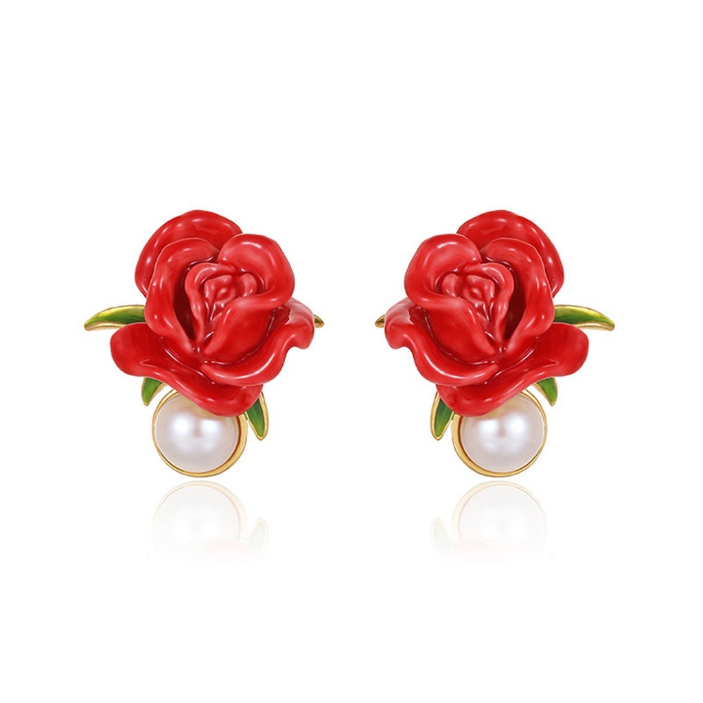 Red Rose Flower And Pearl Enamel Stud Earrings Jewelry Gift